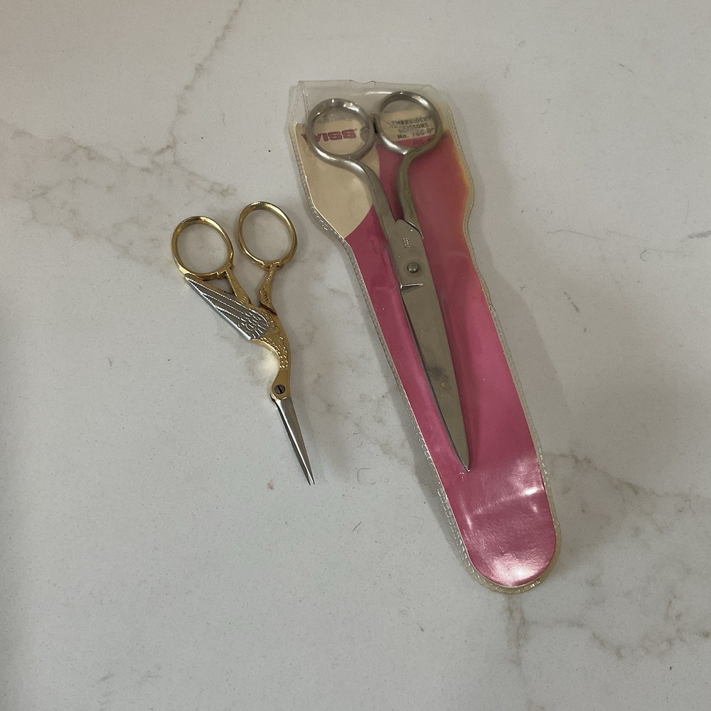 Lot Vintage Sewing Embroidery Scissors Weiss 6" #766 USA & Gold Stork 1970s